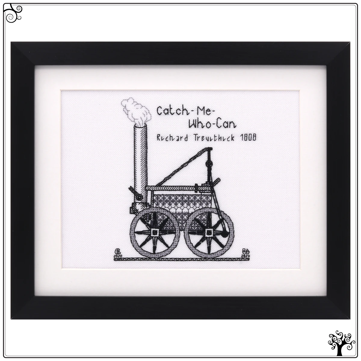 catch-me-who-can locomotive steam engine blackwork kit or pattern