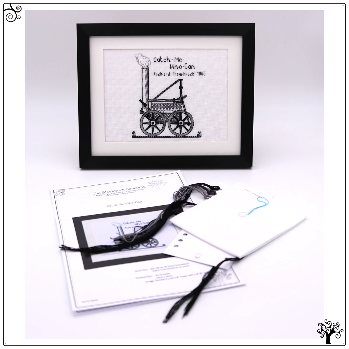 catch-me-who-can locomotive steam engine blackwork kit or pattern
