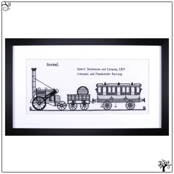 Locomotion No.1 Steam Locomotive Blackwork Embroidery Kit or Pattern