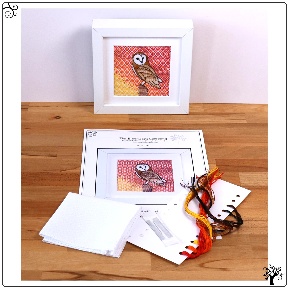 mini owl blackwork kit or pattern