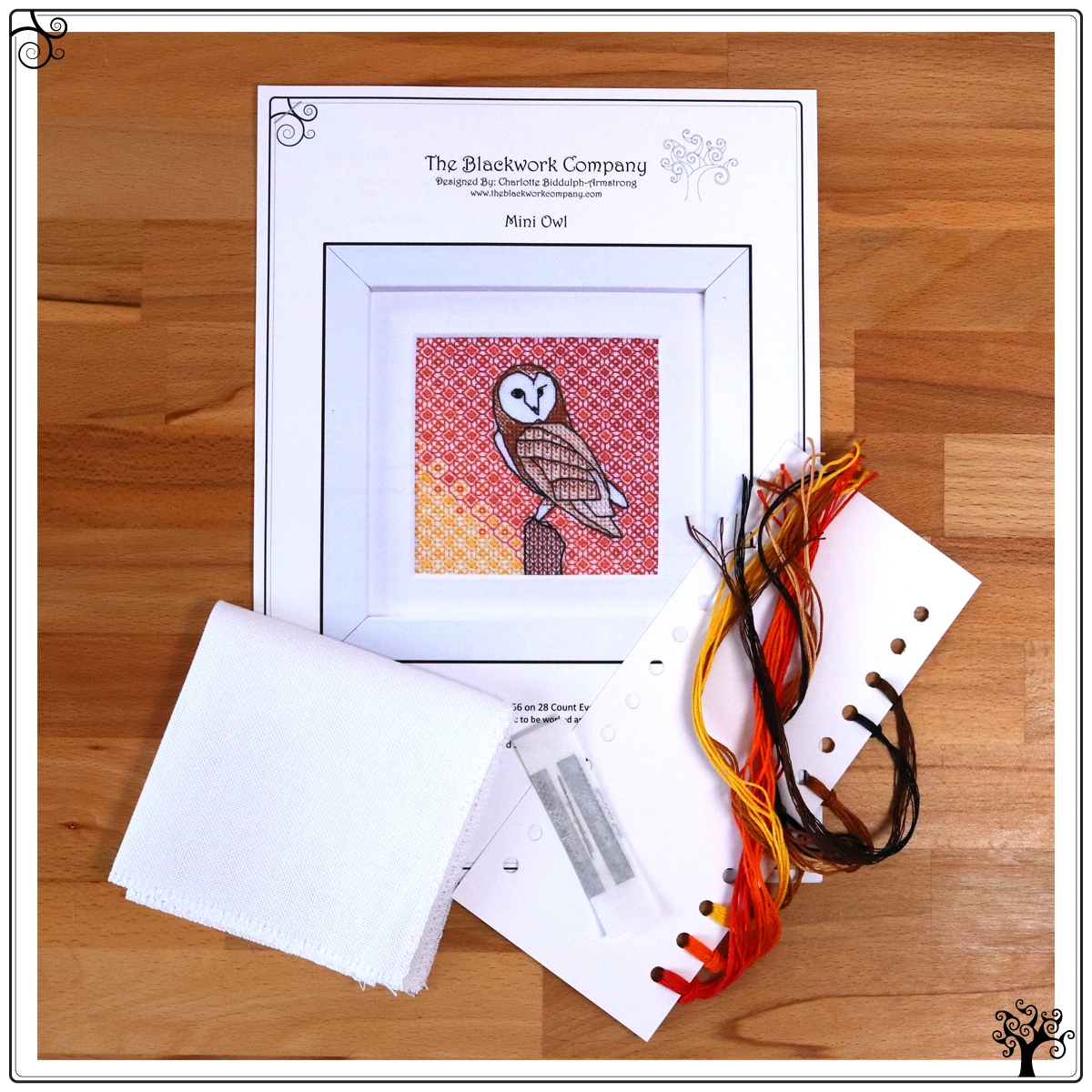 mini owl blackwork kit or pattern