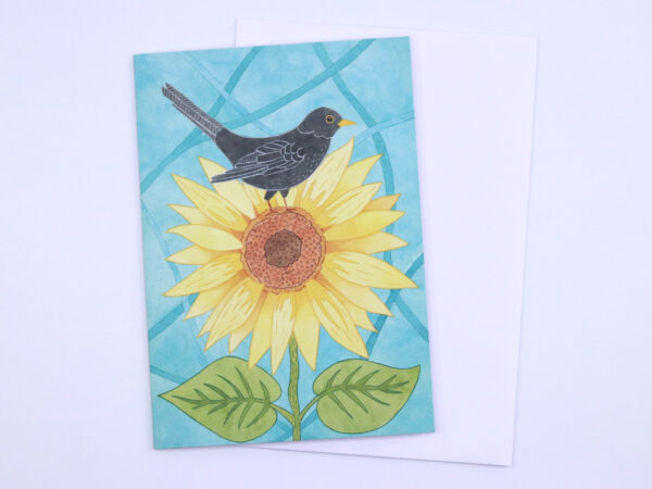 Greetings Card Sunflower and Blackbird