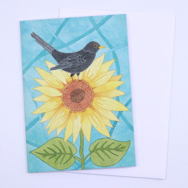Greetings Card Sunflower and Blackbird