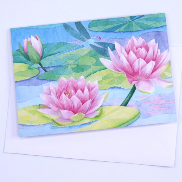 Greetings Card Dragonfly Waterlilies