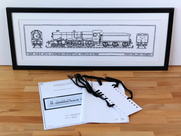 Clun Castle Steam Locomotive Outline Blackwork Embroidery Kit or Pattern