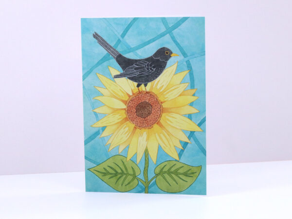 Greetings Card Sunflower and Blackbird