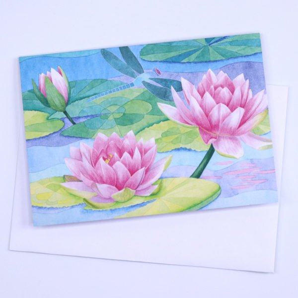 Greetings Card Dragonfly Waterlilies