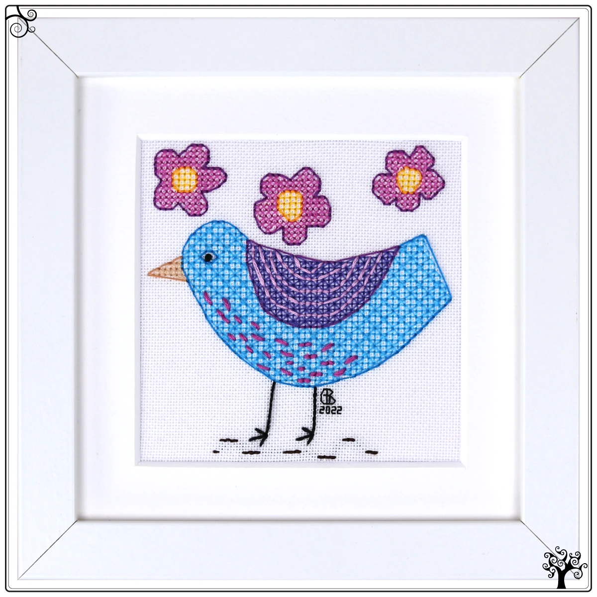 mini cute blue bird blackwork kit or pattern