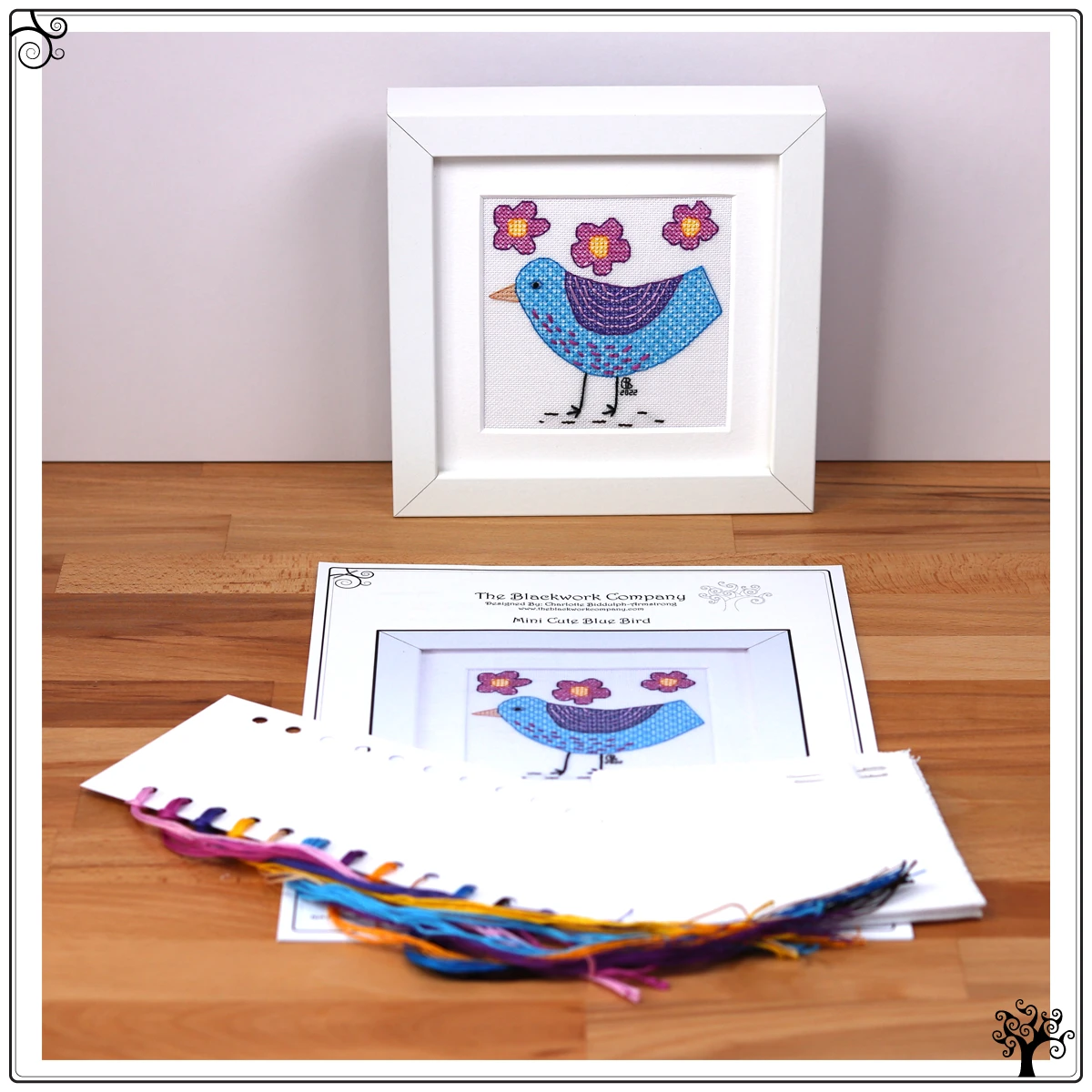 mini cute blue bird blackwork kit or pattern