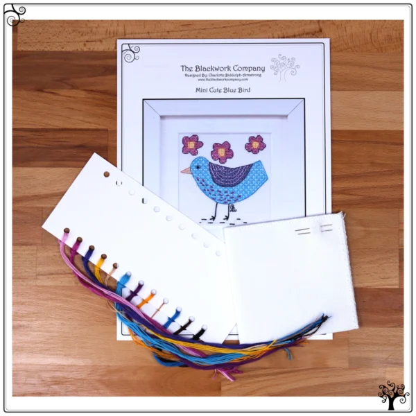 mini cute blue bird blackwork kit or pattern