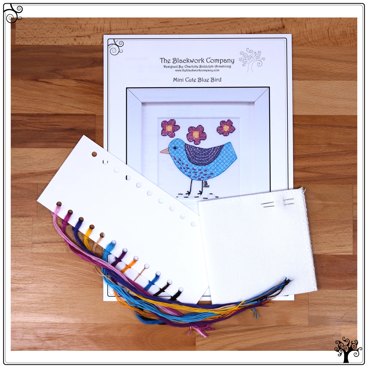 mini cute blue bird blackwork kit or pattern