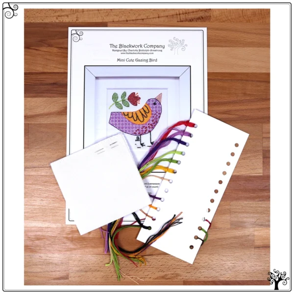 mini cute gazing bird blackwork kit or pattern