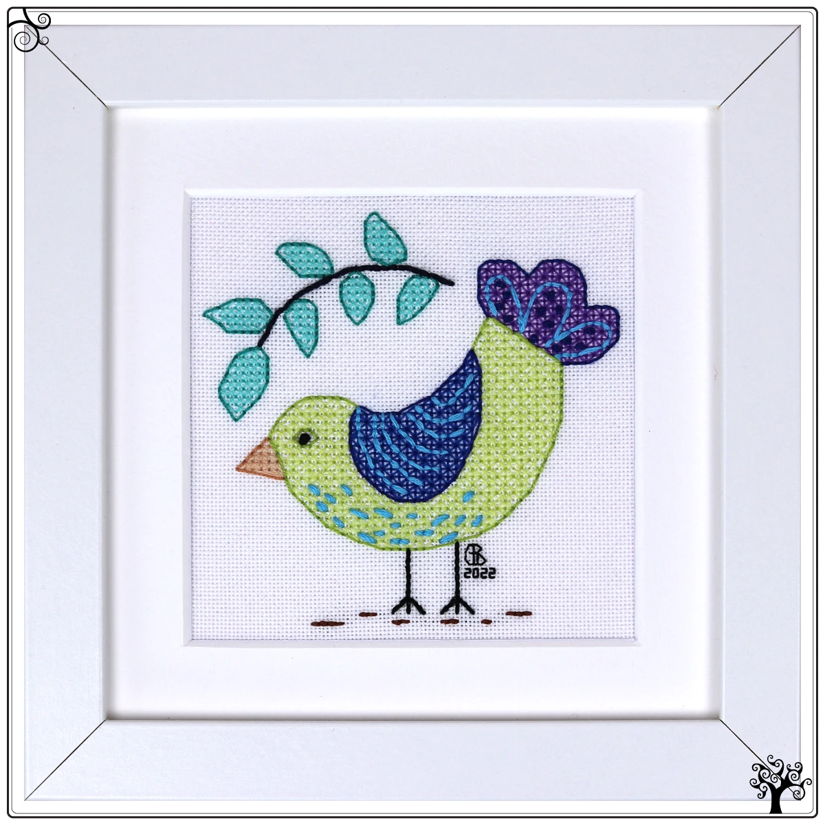 mini cute dancing bird blackwork kit or pattern