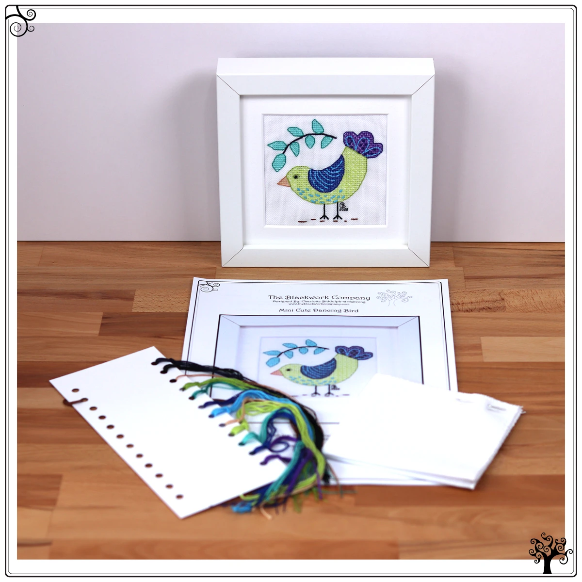 mini cute dancing bird blackwork kit or pattern