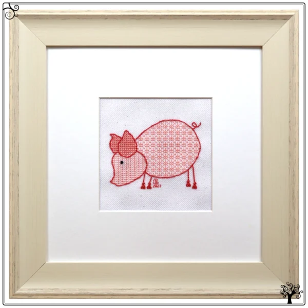 Mini Pig Eating Blackwork Embroidery Kit or Pattern