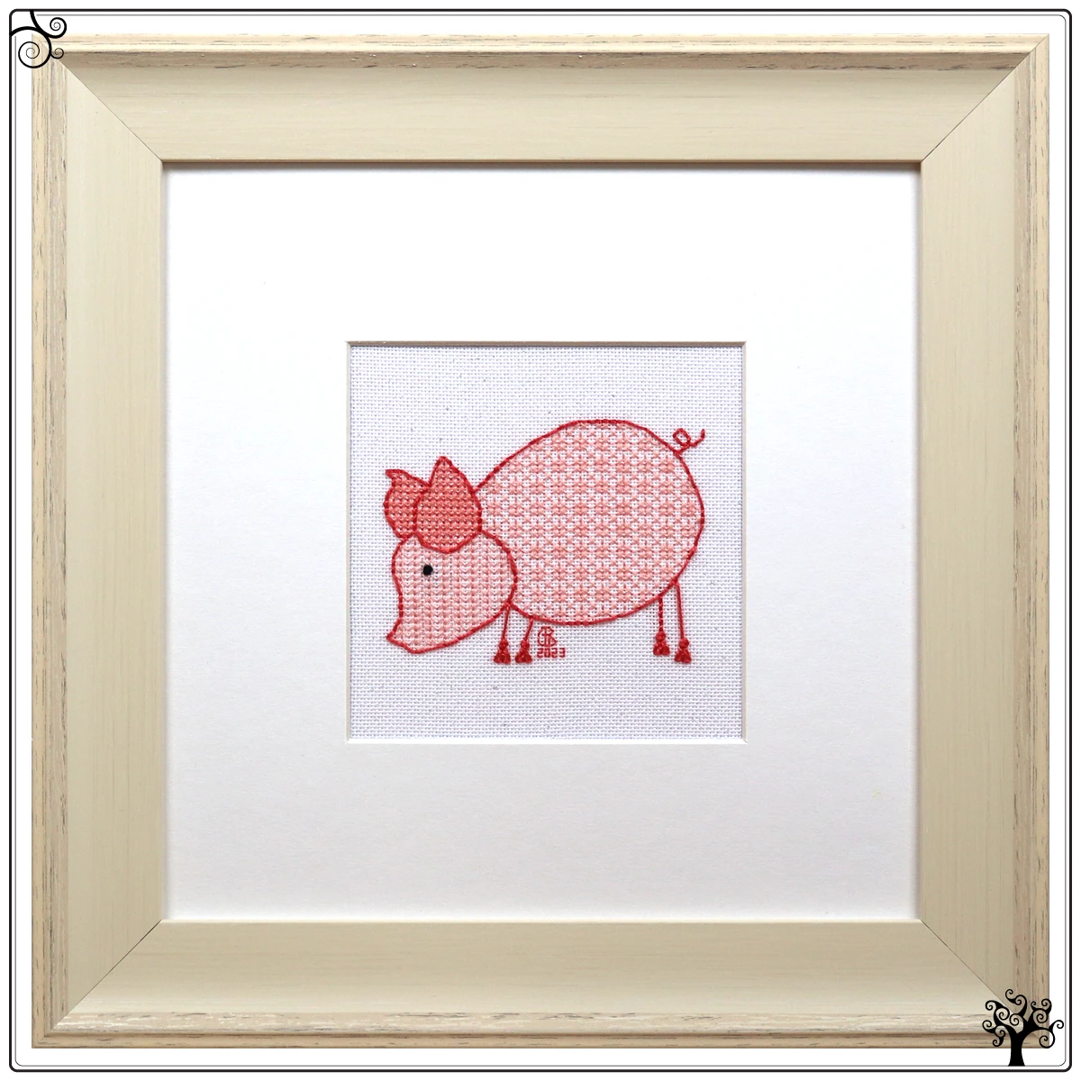 mini pig eating blackwork embroidery kit or pattern