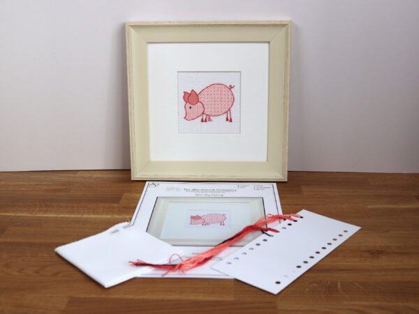 mini pig eating blackwork embroidery kit or pattern