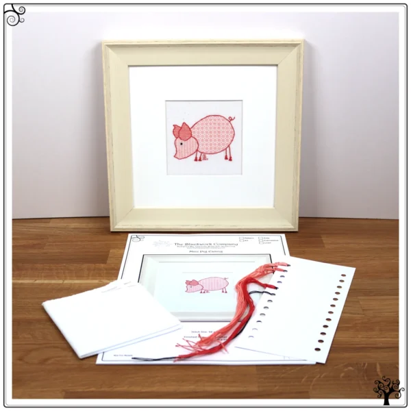 mini pig eating blackwork embroidery kit or pattern