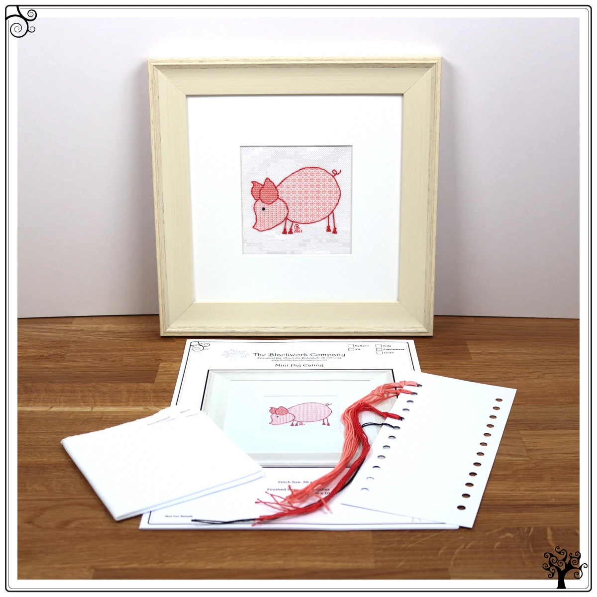 mini pig eating blackwork embroidery kit or pattern