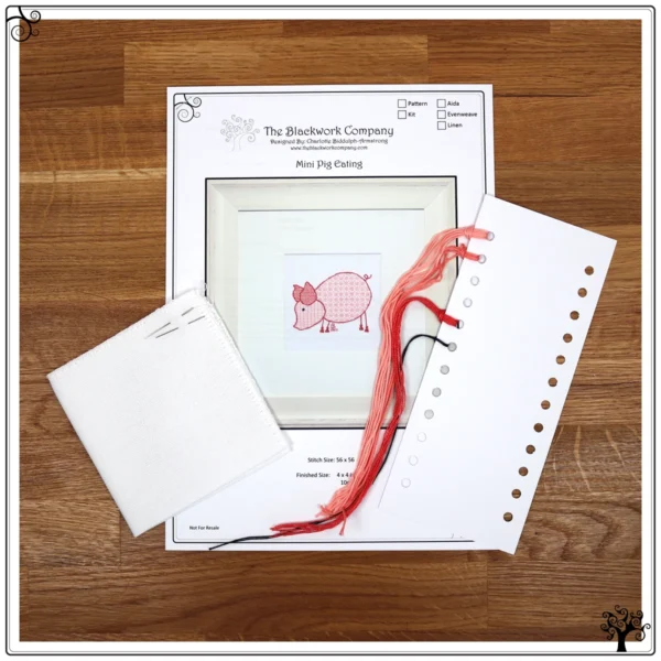 mini pig eating blackwork embroidery kit or pattern