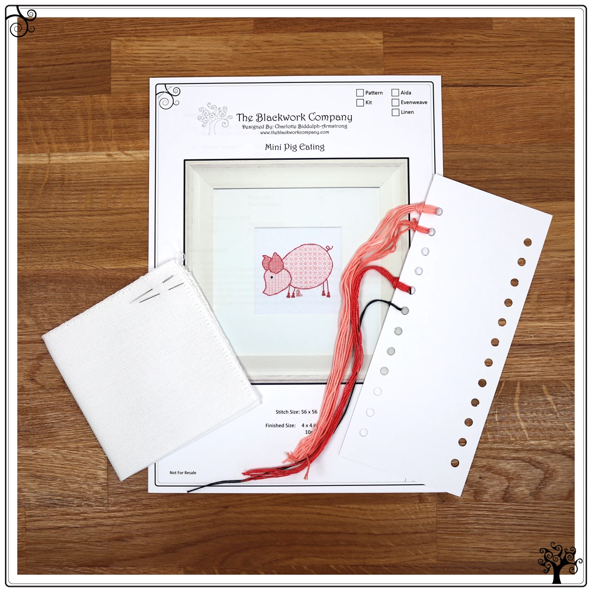 mini pig eating blackwork embroidery kit or pattern