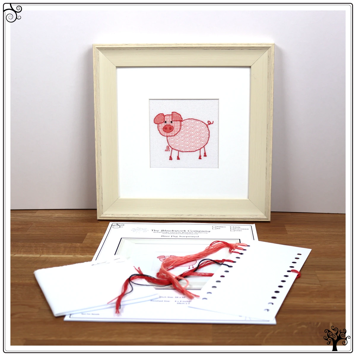 mini pig surprised blackwork embroidery kit or pattern