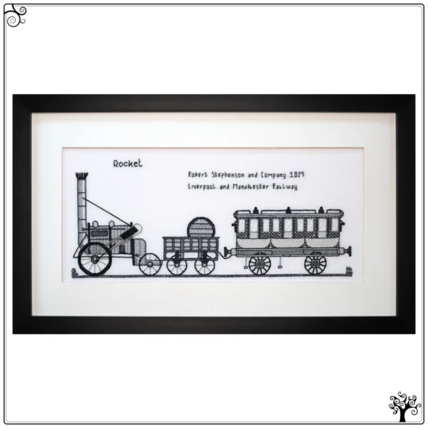The Rocket Steam Locomotive Blackwork Embroidery Kit or Pattern
