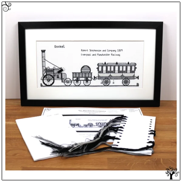 the rocket locomotive steam engine blackwork kit or pattern
