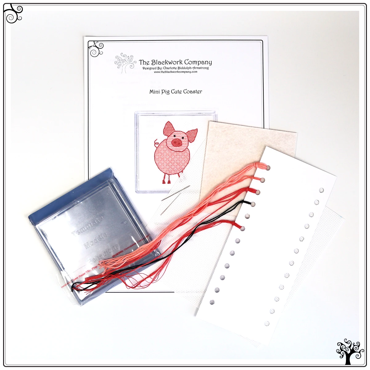 coaster kit blackwork embroidery mini pig cute