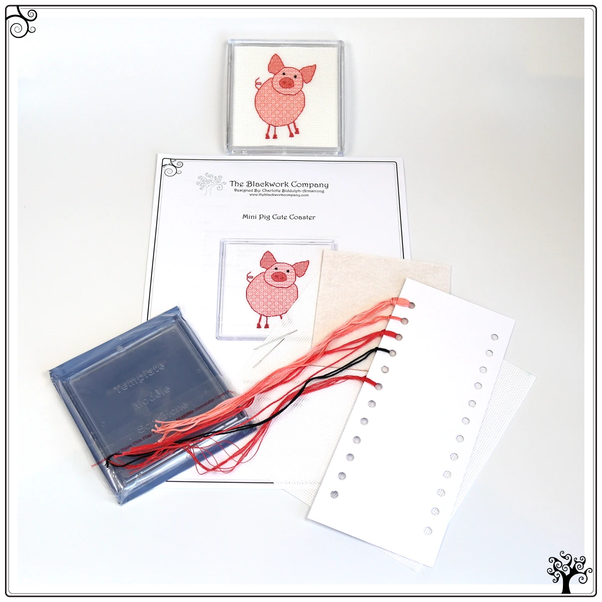 coaster kit blackwork embroidery mini pig cute