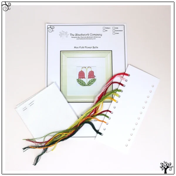 Mini folk flowers bells blackwork embroidery kit or pattern
