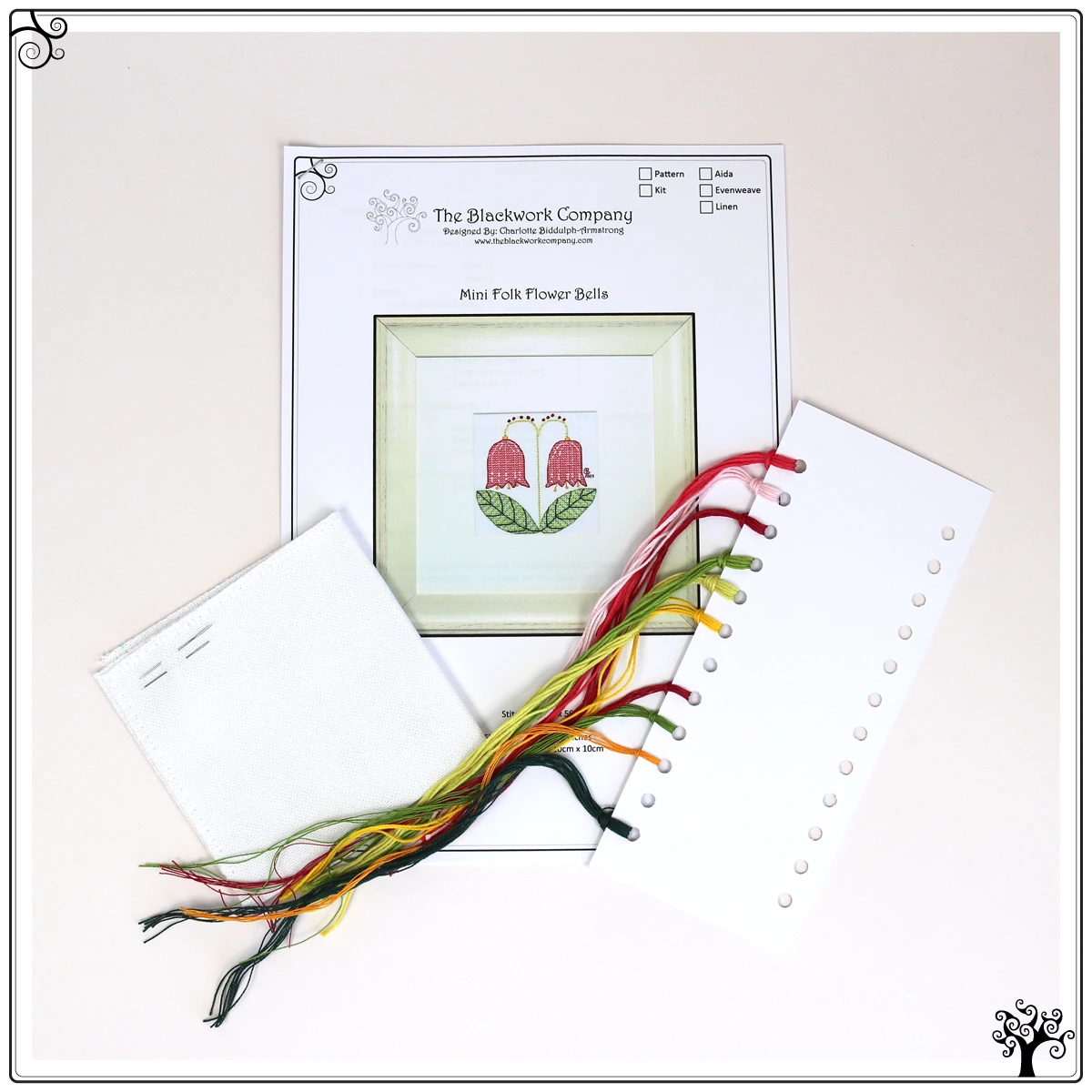 Mini folk flower bells blackwork embroidery kit or pattern