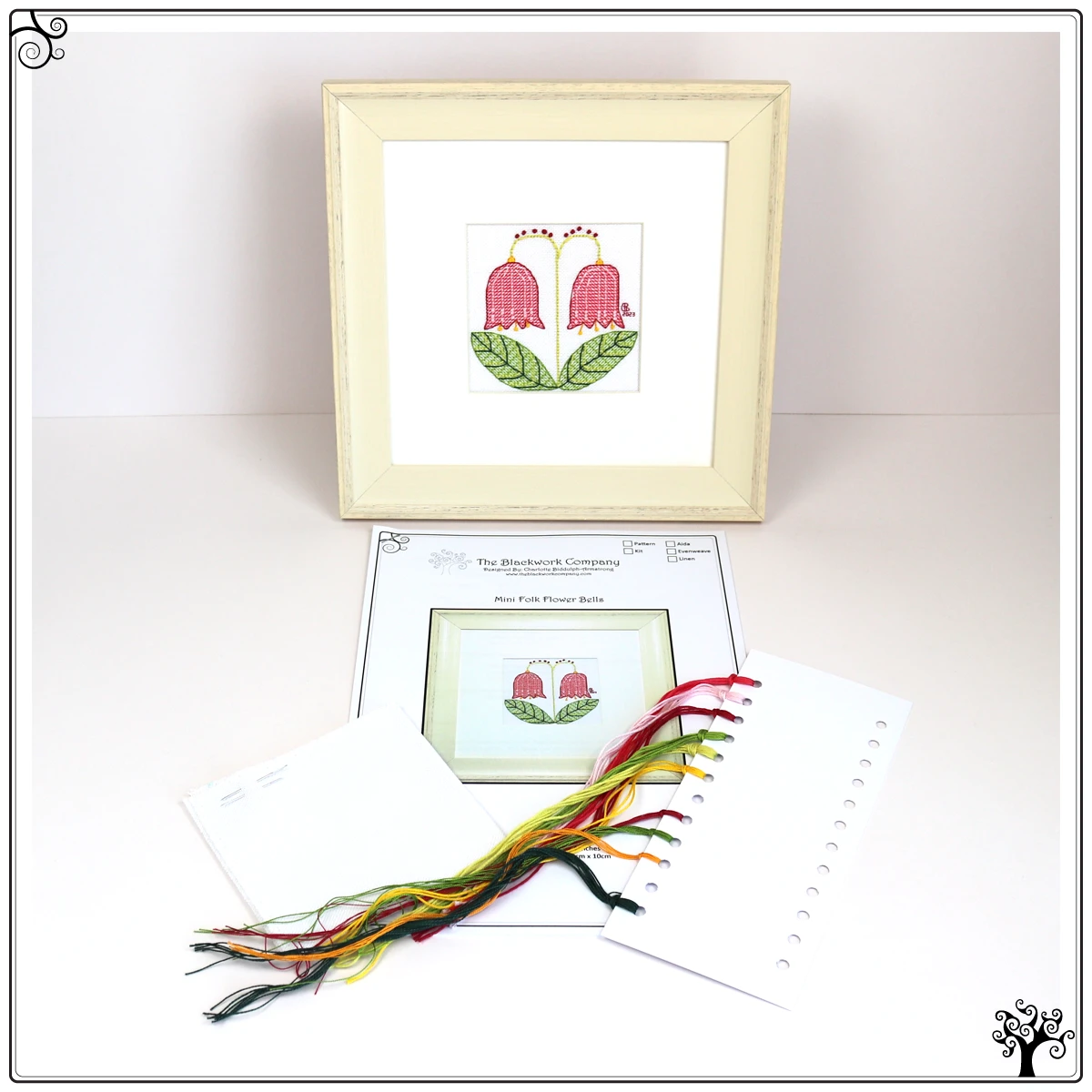 Mini folk flower bells blackwork embroidery kit or pattern