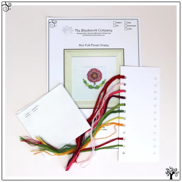 Mini folk flowers poppy blackwork embroidery kit or pattern