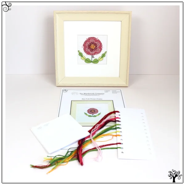 Mini folk flowers poppy blackwork embroidery kit or pattern