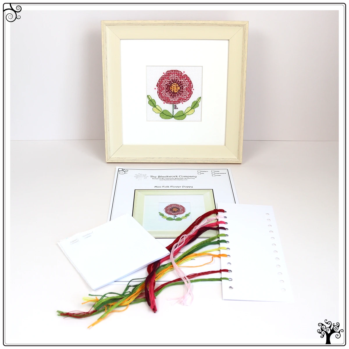 Mini folk flower bells blackwork embroidery kit or pattern