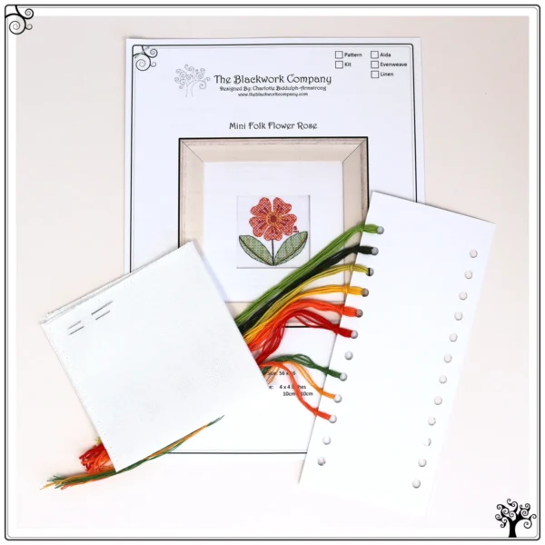 Mini folk flowers rose blackwork embroidery kit or pattern