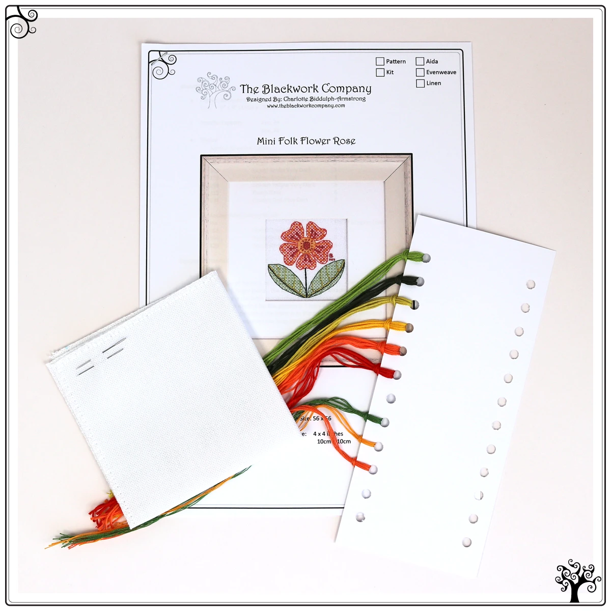 Mini folk flower rose blackwork embroidery kit or pattern