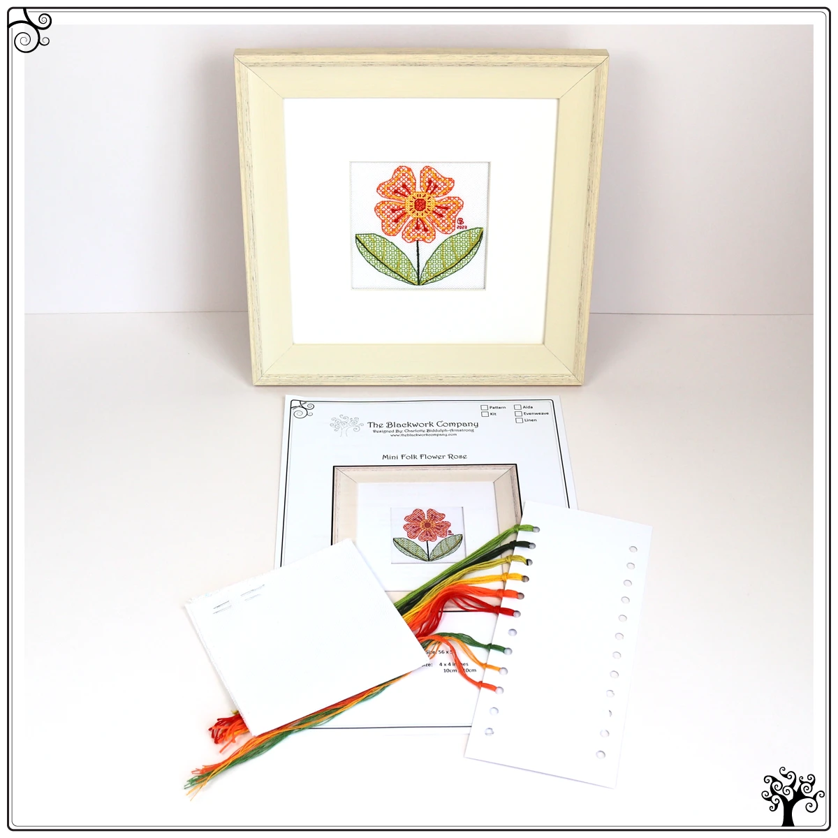 Mini folk flower rose blackwork embroidery kit or pattern