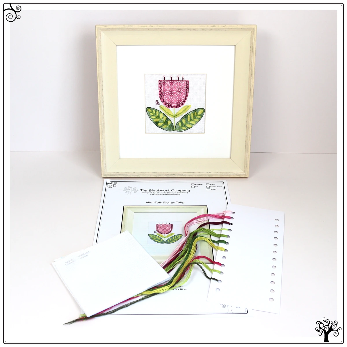 Mini folk flower tulip blackwork embroidery kit or pattern