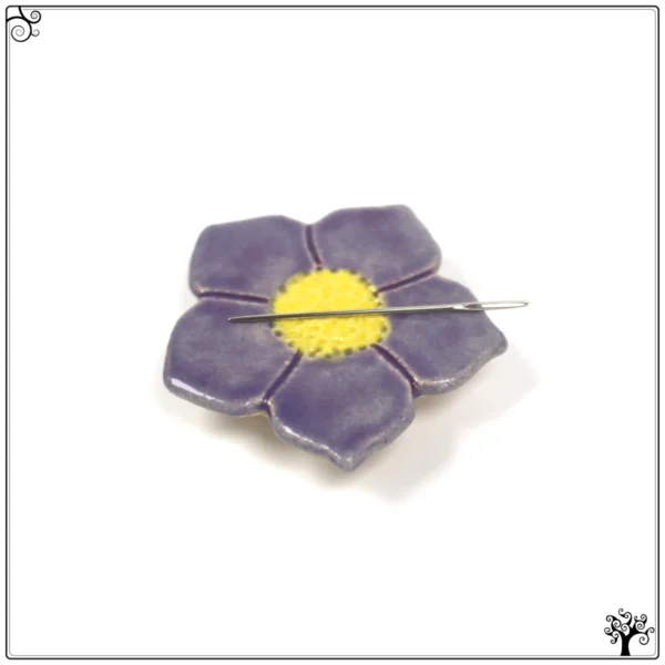 ceramic needle minder purple flower