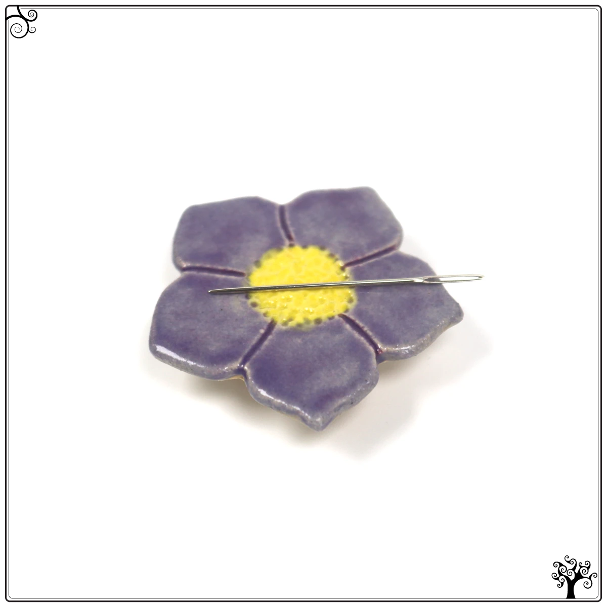 ceramic needle minder purple flower