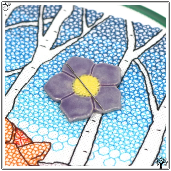 ceramic needle minder purple flower