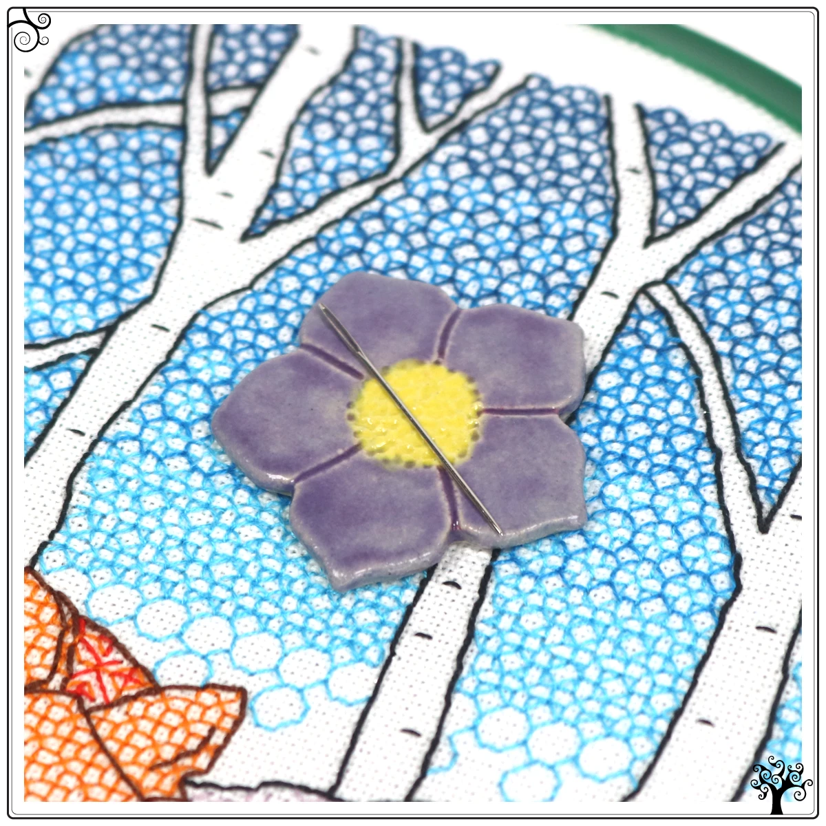 ceramic needle minder purple flower