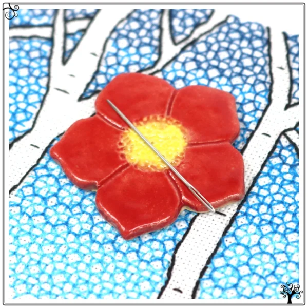 ceramic needle minder red flower