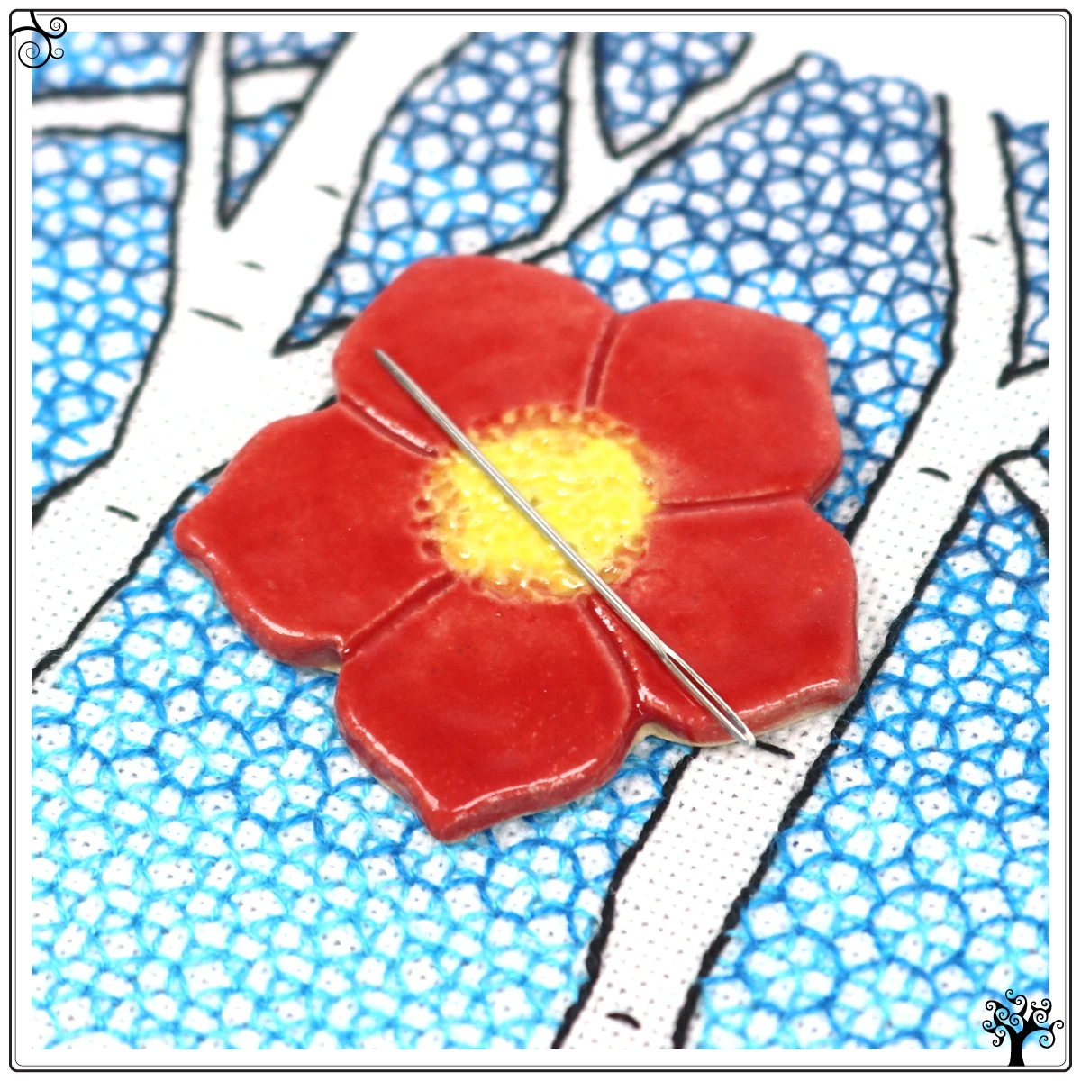 ceramic needle minder red flower